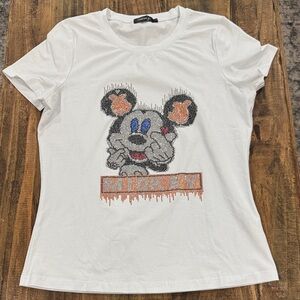 Fashion 21 Mickey White Rhinestone Graphic Tee Size L